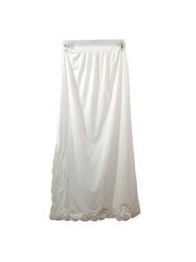 Womens 70s Half Slip Sz Medium 35" Long Maxi Nylon White Lace 15" Side Slit VTG
